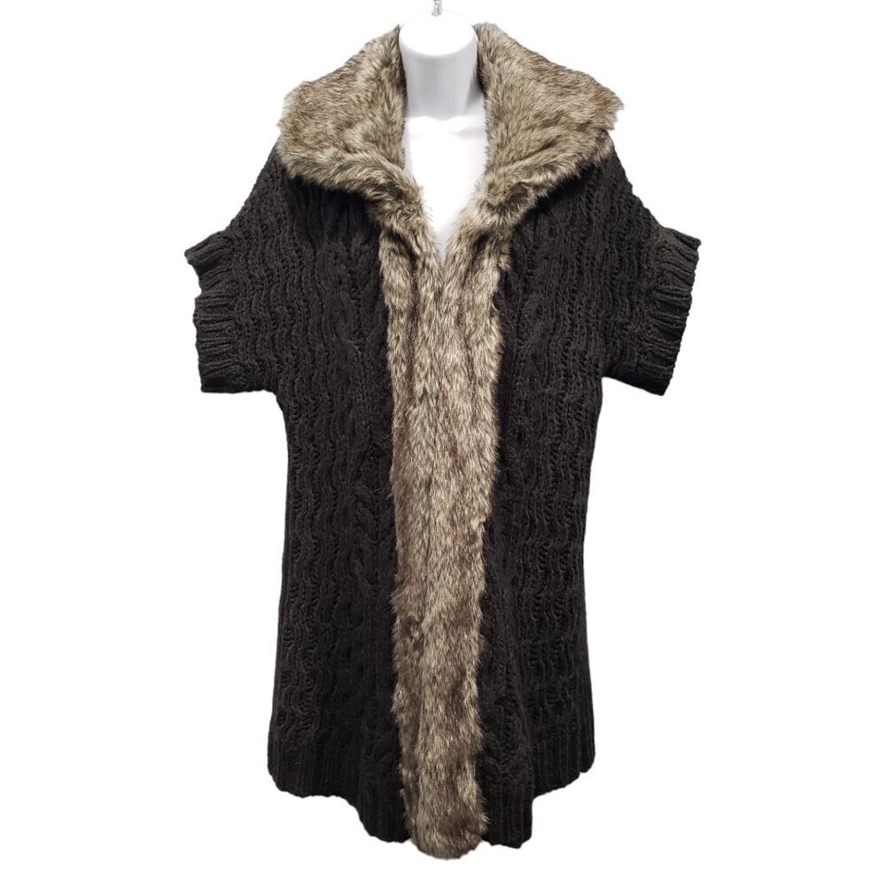 APT 9 Womens XL Cable Knit Coatigan Cardigan Faux‎ Fur Trim SS Wool Blend Gray